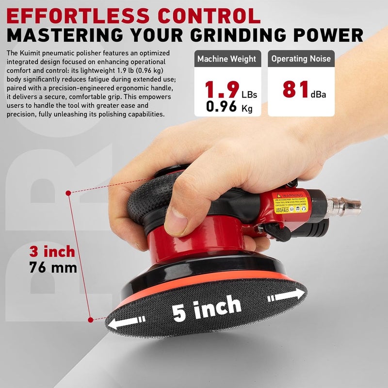 PUIMIT Professional 5" Dual Action Random Orbit Air Sander, Pneumatic Palm Sander, Low Vibration, Heavy Duty - Image 3
